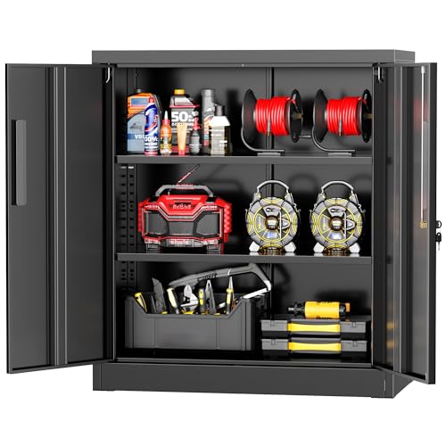 Greenvelly Metal Storage Cabinet, 36" Locking Storage Cabinet with Doors and Shelves, Lockable Storage Cabinets for Home Office, Utility Locker Cabinet, Steel Garage Cabinet with 2 Keys, Black - color: Black, size: 36 inch
