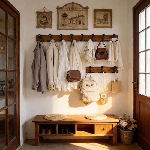 WEBI Coat Rack Wall Mount,17" Solid Wood Coat Hooks Wall Mounted Coat Hanger,16" Hole to Hole,Heavy Duty Hook Rack,3 Triple Hooks for Hanging Coats,Jacket,Hat,Backpack,Farmhouse,Brown - color: Brown, size: 17 Inch