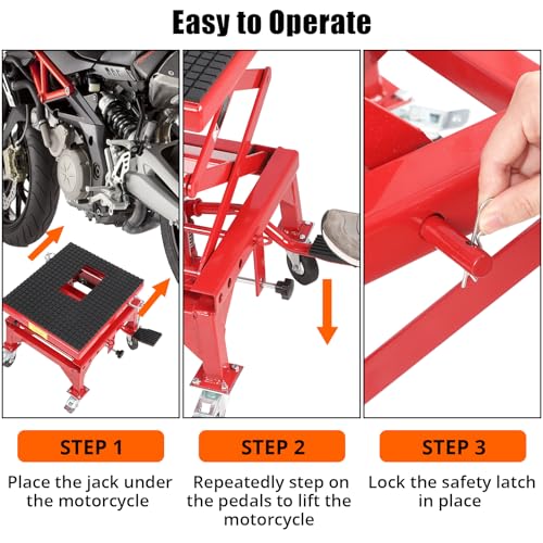 350 Lbs Heavy Duty Hydraulic Motorcycle Scissor Lift Jack Table - Wide Rubber Deck with j-Hooks, Foot Operated Portable Hoist Stand with Swivel Locking Wheels for Dirt Bike, ATV, UTV & Cruiser, Red