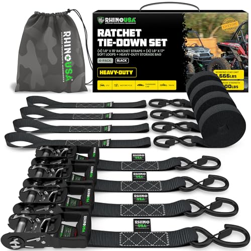 Rhino USA Ratchet Straps Heavy Duty Kit (4-Pack) - 1.6 Inch x 15 Feet Min Break Strength (5,000) - Ultimate Tie Down Straps with Safety S Hooks for Trucks, ATV, UTV, Motorcycle, Cargo & More - Black - color: Black, size: 15ft - 4 Pack