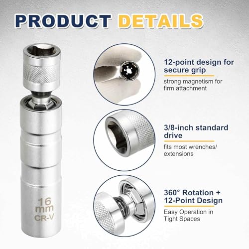 HARFINGTON 2pcs Spark Plug Socket Set 3/8" Drive 16mm Swivel Magnetic 12 Point Thin Wall Spark Plug Socket with 360 Degree Swivel CR-V Steel, Silver - size: 16mm