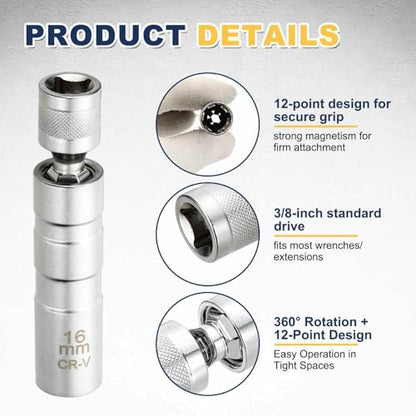 HARFINGTON 2pcs Spark Plug Socket Set 3/8" Drive 16mm Swivel Magnetic 12 Point Thin Wall Spark Plug Socket with 360 Degree Swivel CR-V Steel, Silver - size: 16mm