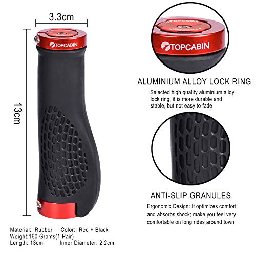 TOPCABIN Ergonomic Bike Grips - Widen Holding Rubber Grips with Aluminum LockGrips for Mountain & Road Bikes - color: (Aluminum lock plug+Grips) Red 1 Pair