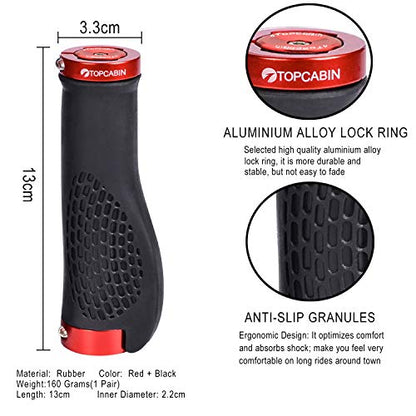 TOPCABIN Ergonomic Bike Grips - Widen Holding Rubber Grips with Aluminum LockGrips for Mountain & Road Bikes - color: (Aluminum lock plug+Grips) Red 1 Pair