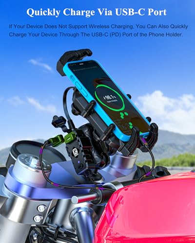 BRCOVAN Motorcycle Fork Stem Phone Mount with Wireless & USB-C Charger | Qi 15W & PD 36W, Anti-Theft Motorcycle Phone Holder with Vibration Dampener for 5.4''-7.2'' Cellphones