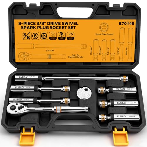 ELEAD 8-Piece 3/8" Drive Magnetic Swivel Spark Plug Socket Set, 5/8", 9/16", 14mm, 16mm, Include Ratchet Handle & Spark Plug Gapper, 6 & 12 Point CR-V Spark Plug Removal Tool - size: 3/8" Drive Set