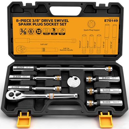 ELEAD 8-Piece 3/8" Drive Magnetic Swivel Spark Plug Socket Set, 5/8", 9/16", 14mm, 16mm, Include Ratchet Handle & Spark Plug Gapper, 6 & 12 Point CR-V Spark Plug Removal Tool - size: 3/8" Drive Set