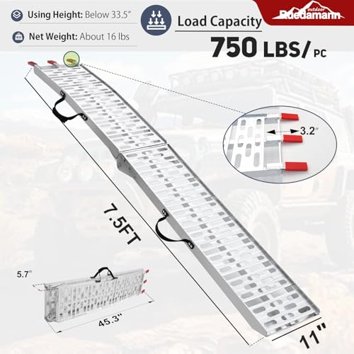 Ruedamann 7.5FT Aluminum Motorcycle Ramp, 750 lbs Capacity, Folding Truck Ramp for ATV, Motorcycle, Lawn Mower, Dirt Bike, Ribbed Plate Traction, Rubber-Tipped Fingers, Load Straps Included, 1 PC