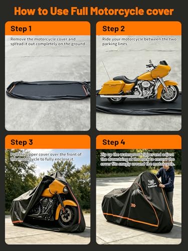 Full Enclosed Motorcycle Cover, 600D Heavy Duty Motorcycle Cover Waterproof with Reflective Strips & Vents, Fits 108" Cruiser, Dirtbike & Touring Motorcycles (Black) - size: 108"-XXXL