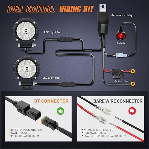 Nilight LED Light Pods 2 PCS 3" Flood Round Offroad Fog Driving Auxiliary Lights 1080LM Built-in EMC w/18AWG DT Wiring Harness Kit for Motorcycle SUV ATV Truck Boat - color: White Led Pods 2Pcs +Wiring Harness