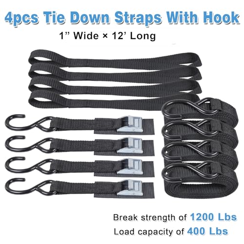EXVITAL Tie Down Straps with Hook Cam Buckle Straps 1" x 12’ 1200lbs Break Strenght with Extra Soft Loops for Motorcycle, Kayak, ATVs, Dirt Bike, Truck, Car Black 4 Pack - size: 1"x12'x4