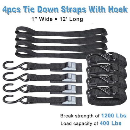 EXVITAL Tie Down Straps with Hook Cam Buckle Straps 1" x 12’ 1200lbs Break Strenght with Extra Soft Loops for Motorcycle, Kayak, ATVs, Dirt Bike, Truck, Car Black 4 Pack - size: 1"x12'x4