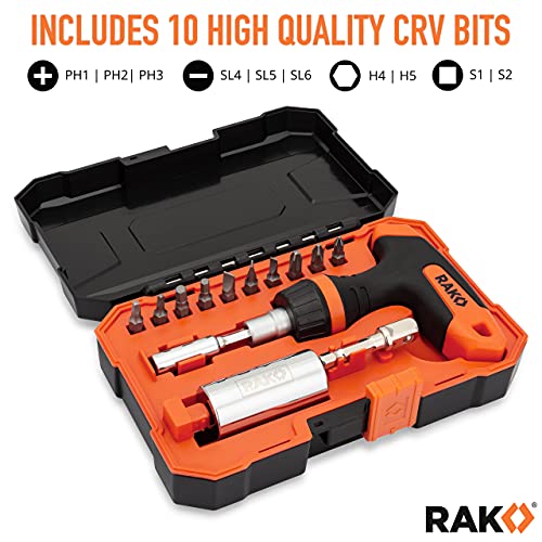 RAK Universal Socket Tool - Birthday Gifts for Men - Set of 15, 1/4-to-3/4-inch Wrench Grip, T-Handle Ratchet Driver, 10 Screwdriver Bits - Gifts for men, Husband, Handyman - style: Universal Socket Tool