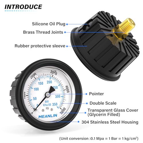 MEANLIN MEASURE 0~5000Psi Stainless Steel 1/4" NPT 2.5" FACE DIAL Liquid Filled Pressure Gauge WOG Water Oil Air Center Back Mount(with Rubber Protective Sleeve) - size: 0-5000Psi