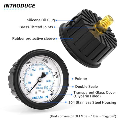 MEANLIN MEASURE 0~5000Psi Stainless Steel 1/4" NPT 2.5" FACE DIAL Liquid Filled Pressure Gauge WOG Water Oil Air Center Back Mount(with Rubber Protective Sleeve) - size: 0-5000Psi