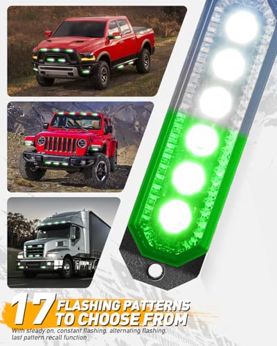HLauto 406T Emergency Strobe Grille Lights: 4Pcs 6 LED Sync Feature Safety Warning Flashing Light, 12V-24V Ultra Slim Surface Mount Hazard Caution Light for Truck, Vehicle, Car, ATV, UTV (Green White) - color: Green/White