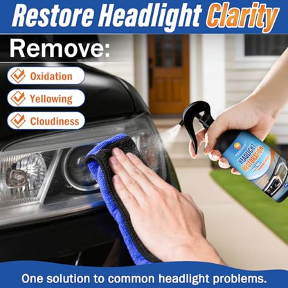 Headlight Restoration Spray with Towel – Removes Cloudiness and Oxidation – Safe for Plastic Lenses – Improve Light Output in Minutes - 180ml/6oz