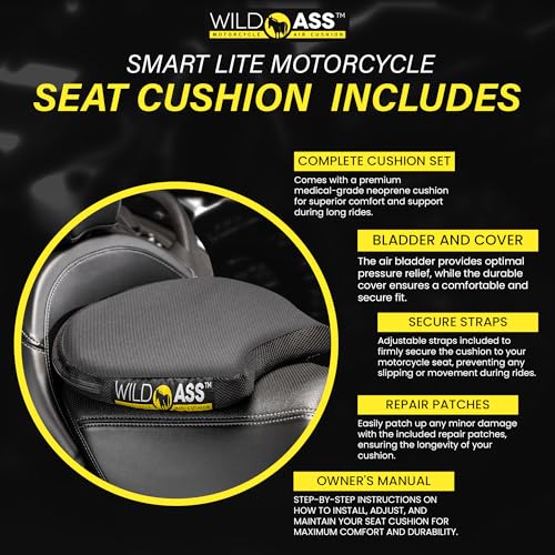 Wild Ass Smart Lite – Motorcycle Air Gel Seat Pad, Ergonomic Air-Adjusting Cushion with Straps, Universal Fit for Ultimate Rider Comfort & Relief, Cool Flow Motorcycle Accessory for Long Rides–Black - style: Lite