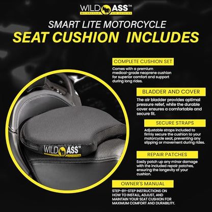 Wild Ass Smart Lite – Motorcycle Air Gel Seat Pad, Ergonomic Air-Adjusting Cushion with Straps, Universal Fit for Ultimate Rider Comfort & Relief, Cool Flow Motorcycle Accessory for Long Rides–Black - style: Lite