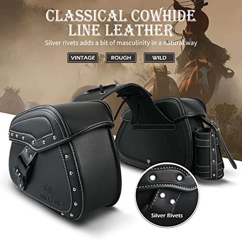 NICECNC Motorcycle Saddle Bags, PU Leather Saddlebags, Reinforced Straps & Saddle Piece, with Cup Holder & Lock, Throw Over Saddle Bag Side Bags, Black - color: Black