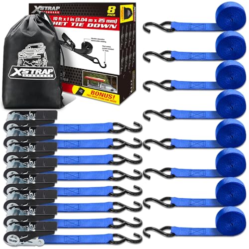 XSTRAP STANDARD Ratchet Tie Down Straps 8PK 1'' x 10 ft - 900 LB Break Strength Cargo Straps for Moving Appliances, Lawn Equipment, Motorcycle (Blue) - color: Blue, size: 8pk 1inchx10ft
