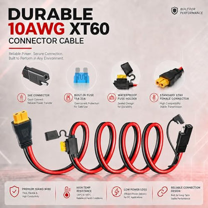 XT60 to SAE Connector, 10AWG XT60 Connector Extension Cable with Inline Fuse 15A/20A, Heavy Duty Pure Copper Female XT60H Adapter Power Cable for Solar Generator, Battery Terminals, Car Charging, RC - size: 2FT