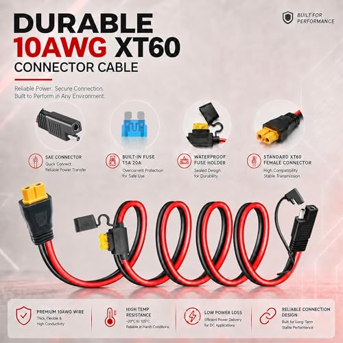 XT60 to SAE Connector, 10AWG XT60 Connector Extension Cable with Inline Fuse 15A/20A, Heavy Duty Pure Copper Female XT60H Adapter Power Cable for Solar Generator, Battery Terminals, Car Charging, RC - size: 10FT