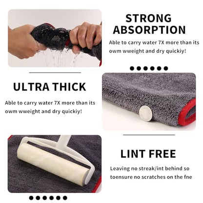 2-Pack 1200 GSM Car Drying Towels – Microfiber Towels for Cars (36" x 12"), Ultra-Absorbent, Streak-Free, Scratch-Free, No Water Spots, Double-Coral Fleece Microfiber & Gray & Red Hemmed Edges