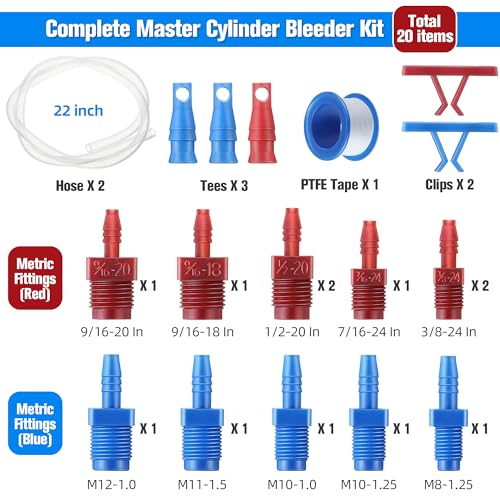 Enhon Master Cylinder Bleeder Kit Replacement for 13911, 22 In Clear Hose, Clip, SAE and Metric Fittings Universal Fit, Complete Brake Bleeder Kit with PTFE Tape