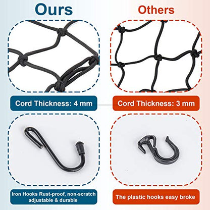 2Pack15.7 x15.7 Cargo Net, Made of Rubber Heavy Duty Bungee Net Stretches to 31.5"x31.5", Gear Helmet Luggage Thicken Netting with 3"x3" Small Mesh &6Adjustable Metal Hooks for Motorcycle, Bike, ATV - size: 15.7x15.7 - 2 Pcs