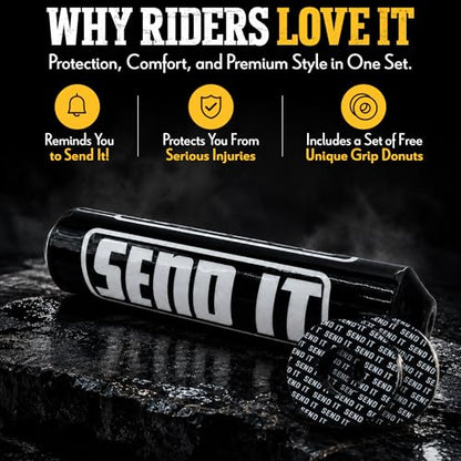 SEND IT Handlebar Pad with FREE GRIP DONUTS - Universal Fit for Dirt Bikes and ATVs Crossbar by ThrottlePak (BLACK, ROUND) - color: Round