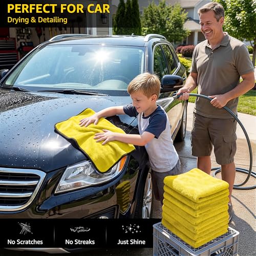SMINDER 12-Pack Microfiber Cleaning Cloth, Car Drying Towels Car Detailing– XL Microfiber Towels for Cars, Trucks (15.7" x 15.7"), Ultra-Absorbent, Streak-Free, Scratch-Free, No Water Spots - color: Yellow