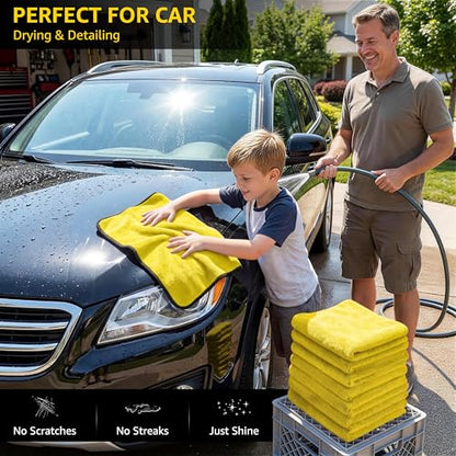 SMINDER 12-Pack Microfiber Cleaning Cloth, Car Drying Towels Car Detailing– XL Microfiber Towels for Cars, Trucks (15.7" x 15.7"), Ultra-Absorbent, Streak-Free, Scratch-Free, No Water Spots - color: Yellow