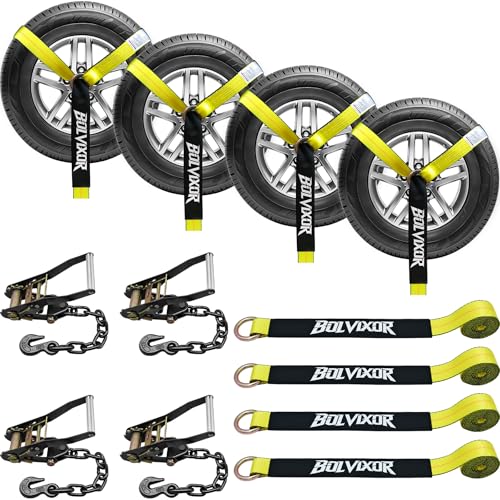 4 Pack Car Tie Down Straps for Trailers - 2" x 96" - 9900LBS Break Strength - Tire Ratchet Straps with Heavy Duty Chain Anchors for Hauling UTV, SUV, Truck, Any Cars - color: Yellow