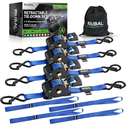 Retractable Ratchet Straps (4-Pack) - 1 Inch x 10 Feet (1,764lb Break Strength) - Auto Self Retracting Tie Down Straps Heavy Duty for Motorcycle, ATV, UTV, Truck, Cargo Trailer – Blue - color: Blue, size: 10 Feet