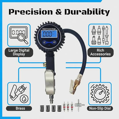 SUVCARMPING 250 PSI Digital Tire Pressure Gauge, Heavy Duty Air Pressure Gauge (±1% Accurate) with Lock-on Air Chuck, LED Backlit LCD and 4-Way Valve Tool for Heavy Trucks, RVs, Cars, Blue - size: blue(Lock-on Air Chuck)