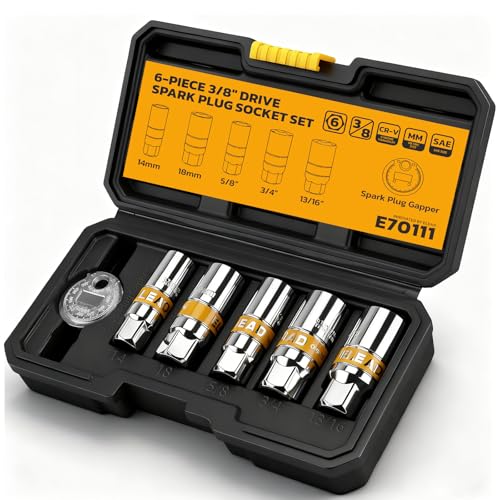 ELEAD 6-Piece 3/8" Drive Spark Plug Socket Set with Spark Plug Gapper, SAE & Metric, 5/8", 3/4", 13/16", 14mm, 18mm, CR-V Sockets with Rubber Holding Rings - size: 6-Piece Spark Plug