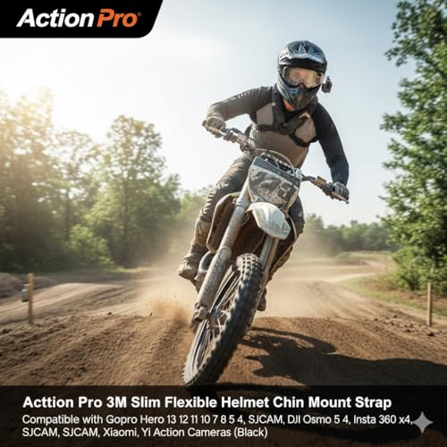 Action Pro 3M Slim Flexible Helmet Chin Mount Strap Compatible with GoPro Hero 13 12 11 10 9 8 7 6 5 4, SJCAM, DJI Osmo 5 4, Insta 360 x4 x3, SJCAM, Xiaomi, Yi Action Cameras (Black)