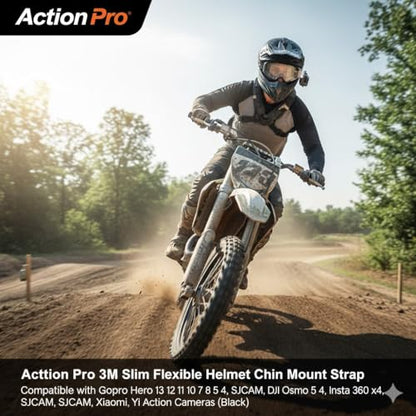 Action Pro 3M Slim Flexible Helmet Chin Mount Strap Compatible with GoPro Hero 13 12 11 10 9 8 7 6 5 4, SJCAM, DJI Osmo 5 4, Insta 360 x4 x3, SJCAM, Xiaomi, Yi Action Cameras (Black)