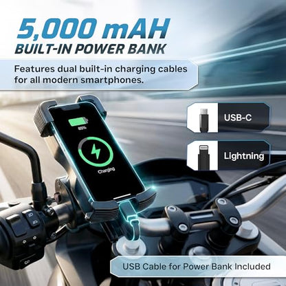 FIRETHORN Bike Phone Holder with Built in Rechargable Battery 5000 mAh - Motorcycle Mount, Handlebar Cell Phone Clamp, Scooter Clip, 4.7 to 6.8" Phone Types - iPhone 17, 16, 15 Plus, S20, Smartphones