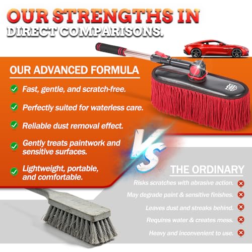 Car Duster Exterior Scratch Free & Interior Detailing Brush Set, Waxed Cotton Waterless Dust Remover, 360° Swivel Telescoping Handle, Multi-Purpose Cleaning Tool for Cars, RVs & Home - color: Light red