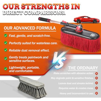 Car Duster Exterior Scratch Free & Interior Detailing Brush Set, Waxed Cotton Waterless Dust Remover, 360° Swivel Telescoping Handle, Multi-Purpose Cleaning Tool for Cars, RVs & Home - color: Light red
