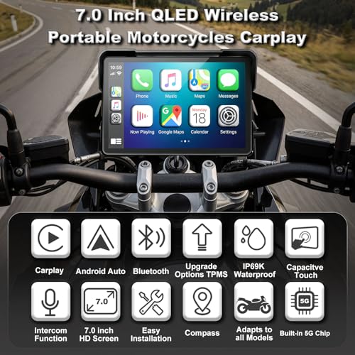YZW Portable 7 inch Wireless Motorcycle Carplay GPS Screen with Android Auto, Navigation System Quick Release, Anti-thef, Bluetooth, Siri, Google Asistant, Light Sensor, Music Sharing,Vioce Control - size: 7Inch Screen+Mounting Bracket