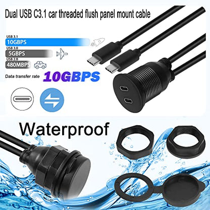 QIANRENON Dual USB C Threaded Flush Mount Waterproof Cable 10Gbps 2 USB C 3.1 Male to Female Panel Mount Extension Cable Support 4K@60HZ Audio and Video Transmission 1m/3.3ft