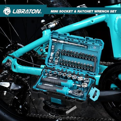 LIBRATON 1/4" Drive Mini Socket & Ratchet Wrench Set with Bits, 4-13mm Shallow Sockets, Magnetic Driver Handle, Extension Bars & Universal Joint, with Storage Case for DIY, Auto Repair
