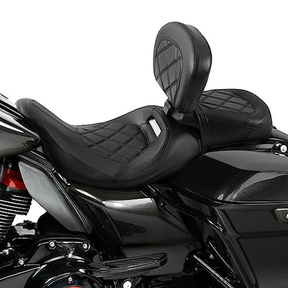 TCT-MOTORPARTS Low-Profile Driver Passenger Seat w/Driver Rider Backrest Pad Fits for Harley Touring 2009-2023 Street Glide CVO Road Glide Electra Glide Ultra-Classic Road King Black Stitching - color: Seat+Driver Backrest Black