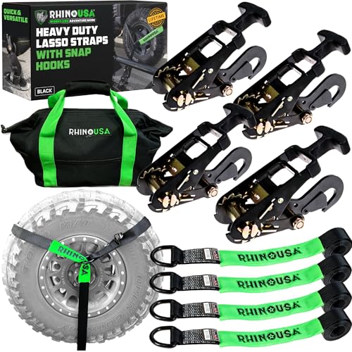 Rhino USA Car Tie Down Straps with Snap Hooks – 4 Pack 2" x8' – 10,000lbs Break Strength – Heavy Duty T-Handle Car Hauler Tire Lasso Wheel Straps for Trailers, UTV & Powersports – Black - color: Black, size: Snap-Hooks