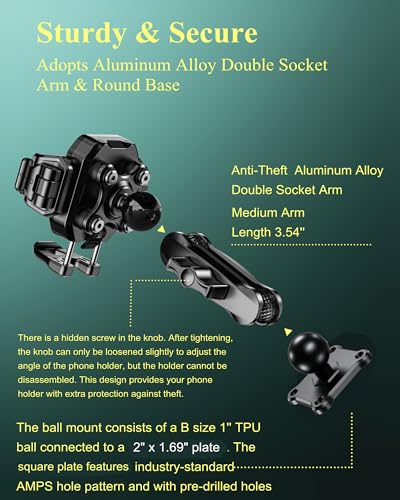BRCOVAN Anti-Theft Phone Mount Holder with Vibration Dampener, 1s Locking | Don't Block Camera, with Aluminum Medium Arm & Square Base, for Car Boat Truck Motorcycle UTV, Fit 5.4-7.2'' Smartphones