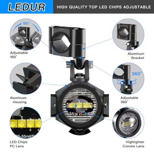 LEDUR Motorcycle LED Fog Light Kit Spot Auxiliary Driving Lights with Switch Wiring Harness Clamp Mount Brackets Kit for R1200GS F800GS Adventure Touring Motorcycle E-Bike ATV UTV 40W