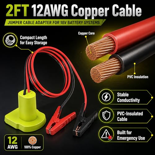 Jumper Cables Adapter Compatible with Ryobi 18V Battery, 12AWG 2FT Battery Jumper Cable with Alligator Clamps, Emergency Booster Cable for Compact Cars, Motorcycles, ATVs and Lawn Equipment